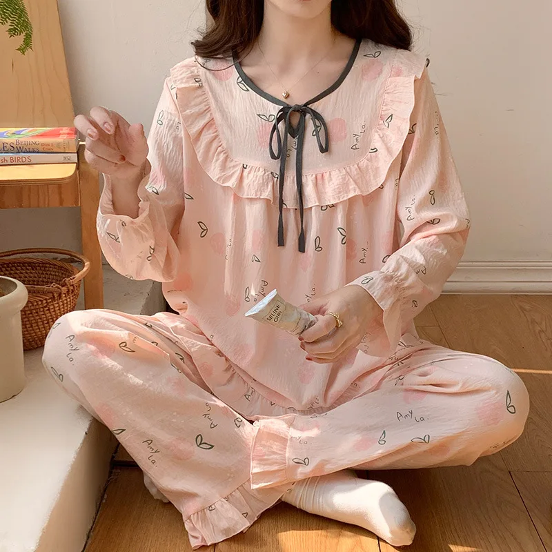 Long Sleeve Pants Two-piece Set Pajamas for Women Sweet Princess Style Home Wear Cloud Cotton Clothes Suitable for Confidantes