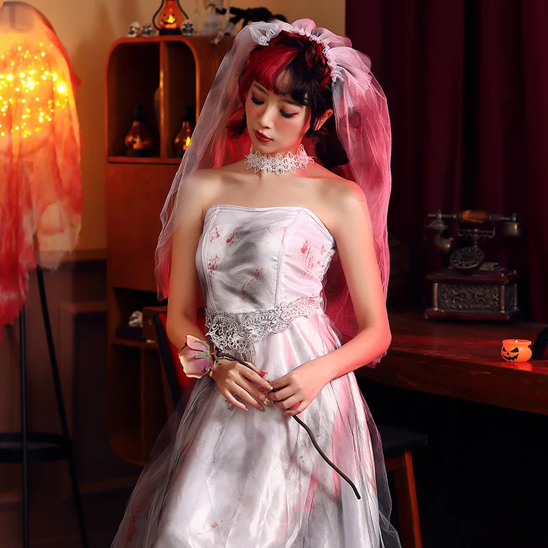 loween Costume da sposa zombie Matrimonio bianco stregato Dr Gonna lunga fino al pavimento con macchie di sangue Gioco di ruolo cosplay da donna...