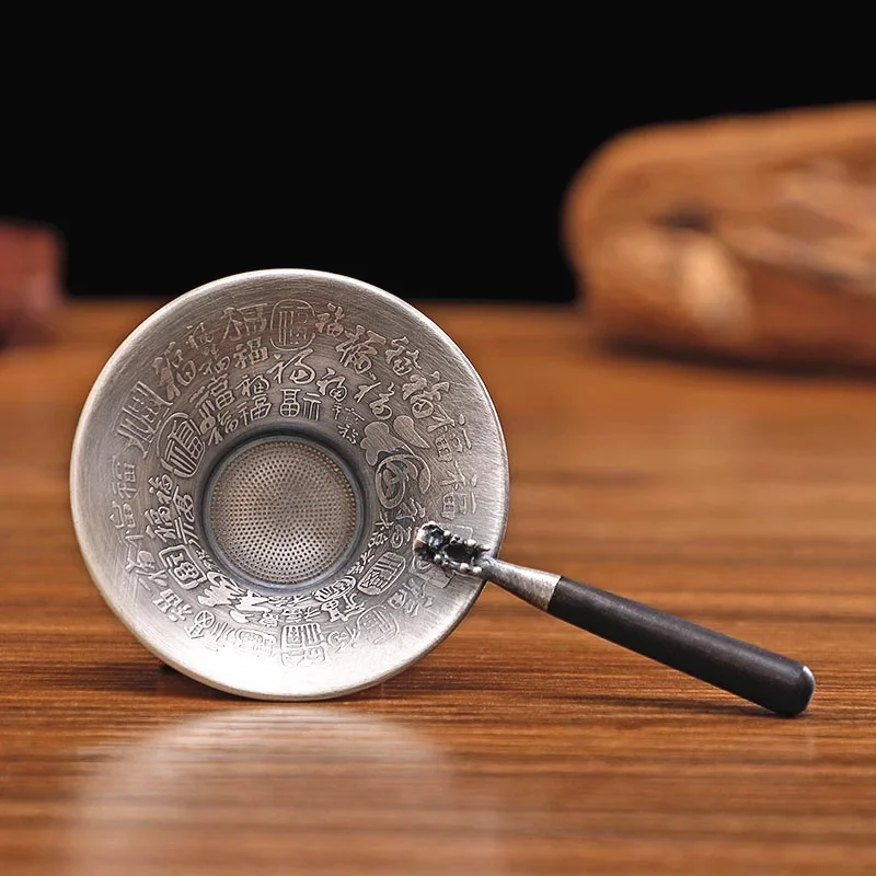 Handmade Pure Silver 999 Tea Strainer Ingot Blessings Lotus Leaf with Sandalwood Handle Anti-Scalding Kungfu Ceremony Tea Funnel