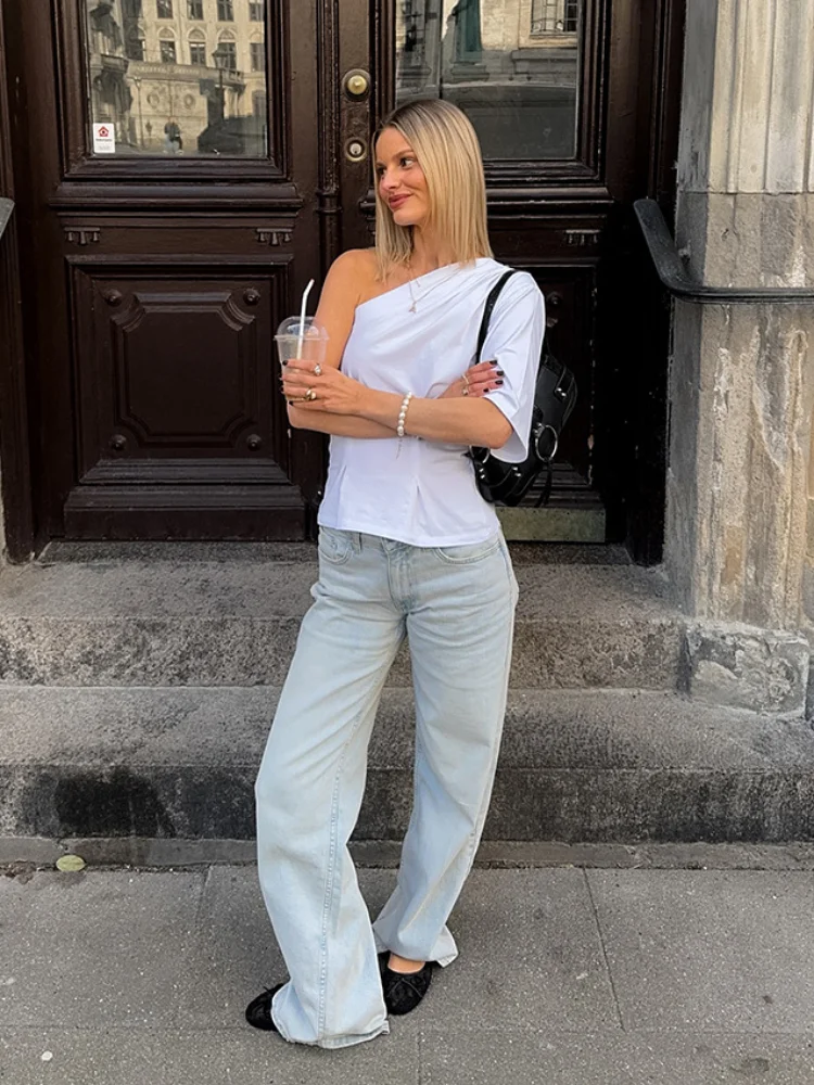 Women's White One Shoulder Asymmetric Blouse Elegant Ruched Bust Minimalist Sleeve Tops 2026 summer Fashion Date Night T-shirt