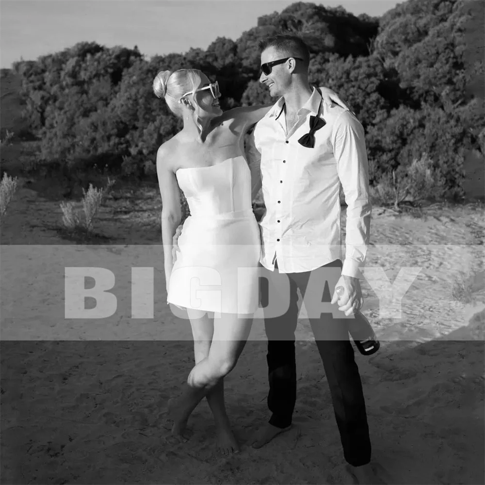 Beach Short Wedding Dresses Women 2025 Long Sleeve Strapless Satin Open Back Above-Knee Bridal Gown Vestidos De Noiva Customized