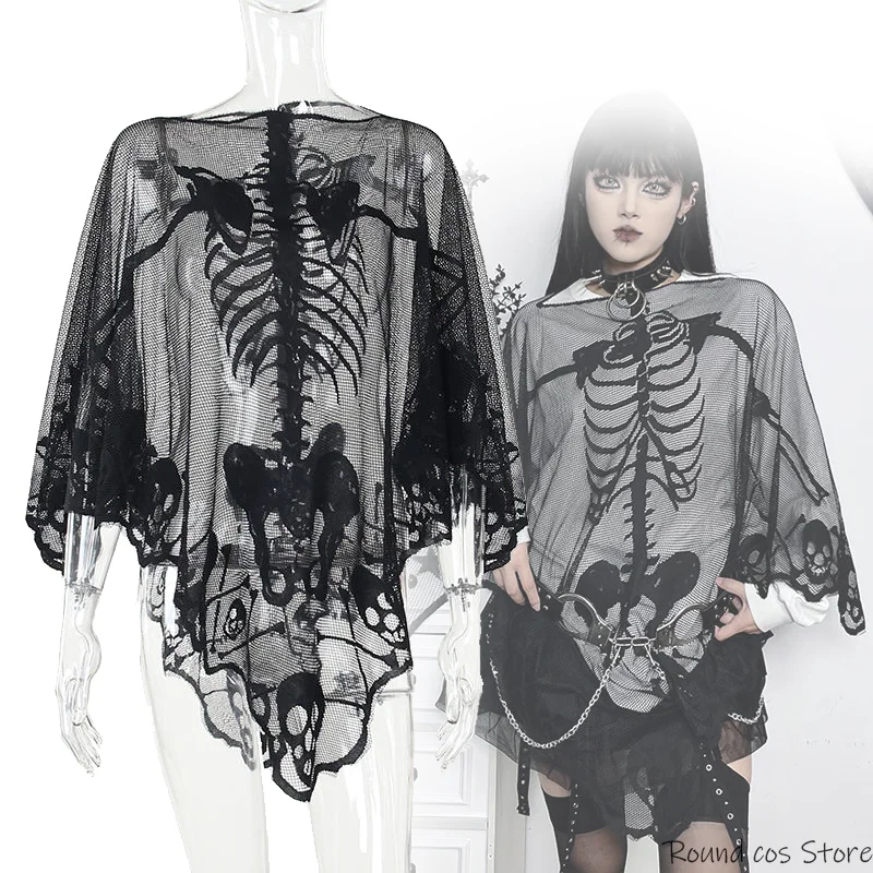 Punk Gothic Girl Cosplay Adult Women Sexy Top Jumpsuit Skeleton Printing Semitransparent Robe Halloween Outfits