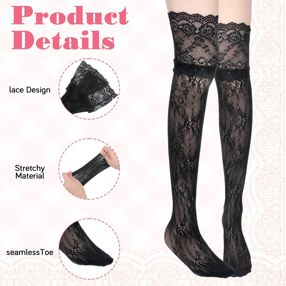Women's Socks Sexy Lace Trim Nylon Fishnet Stockings Retro Floral Sweet Mesh Breathable Thigh High Long Socks JK Over Knee Socks