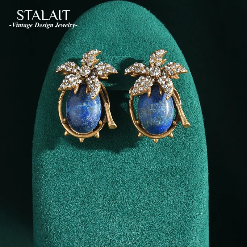 

Винтажные серьги-гвоздики с пятилистным цветком, инкрустированные стразами, овальные серьги-гвоздики с синим камнем для женщин, антикварные ювелирные аксессуары в корейском стиле