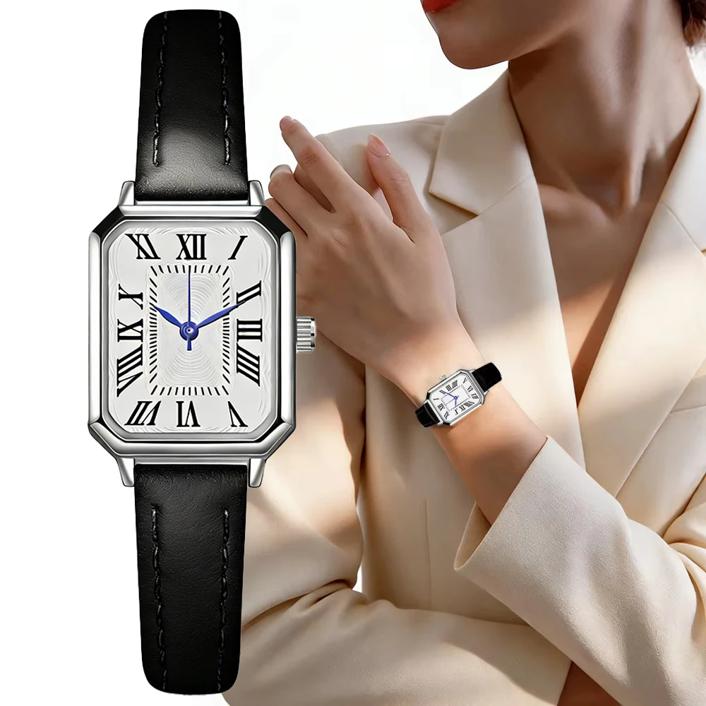 Women Square Quartz Watch Retro Roman Numerals Dial Black Leather Strap Elegant Casual Office Wristwatch