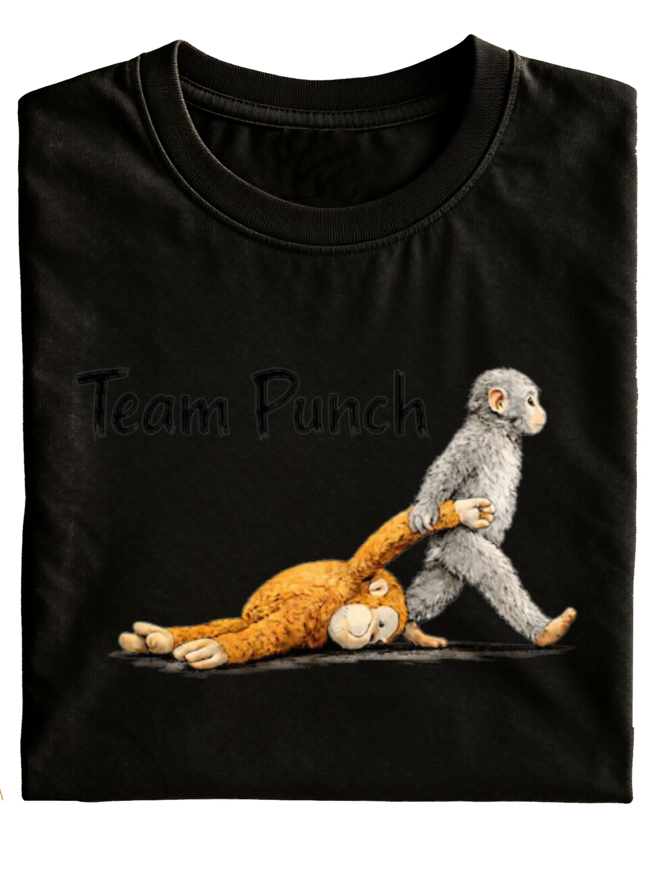 Team Punch New Style Funny Neutral T-Shirt Black Monkey Punching Stuffed Animal with Team Punch Text Casual Everyday Wear Gift for Holiday  Fashionable Versatile Daily Leisure Outfit Short Sleeve, Plus Size