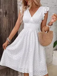 Eyelet Hollow Lace Midi Dresses Women Summer Solid Sexy V-neck Sleeveless High Waist Party Dress Elegant Streetwear Vestidos