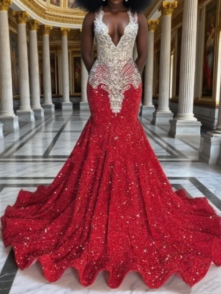 مثير بريق الأحمر حورية البحر حفلة موسيقية فساتين فاخرة شير الرقبة كريستال الترتر عيد ميلاد حزب أثواب العودة للوطن مخصص