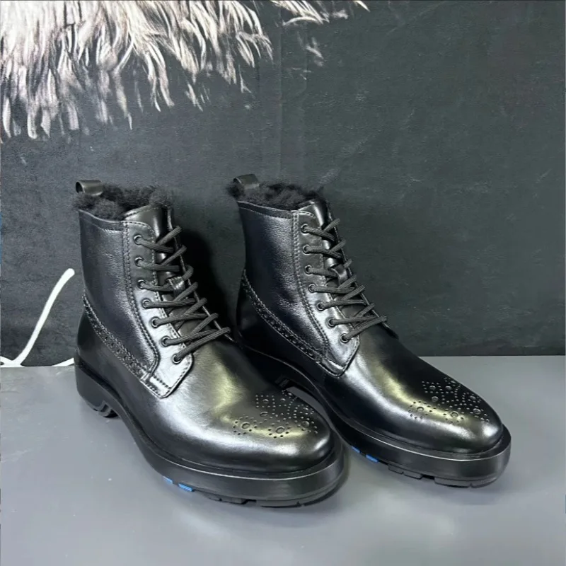 مصمم تشيلسي أحذية رجالية أحذية الشتاء الصوف السميك الدافئة عالية أعلى جلد طبيعي عارضة العمل دراجة نارية الثلوج الأحذية الذكور #2