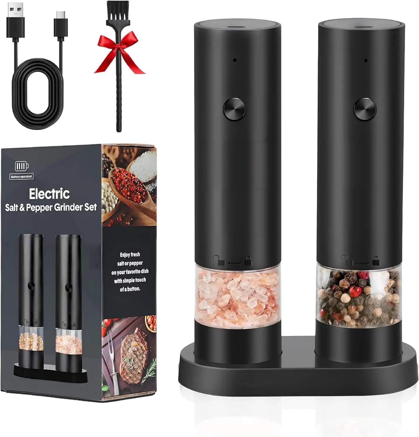USB Rechargeable Electric Salt Pepper Mill, Large Coarse Grinder, Adjustable Ceramic Rotor, One-Hand Operation, Pack of 2