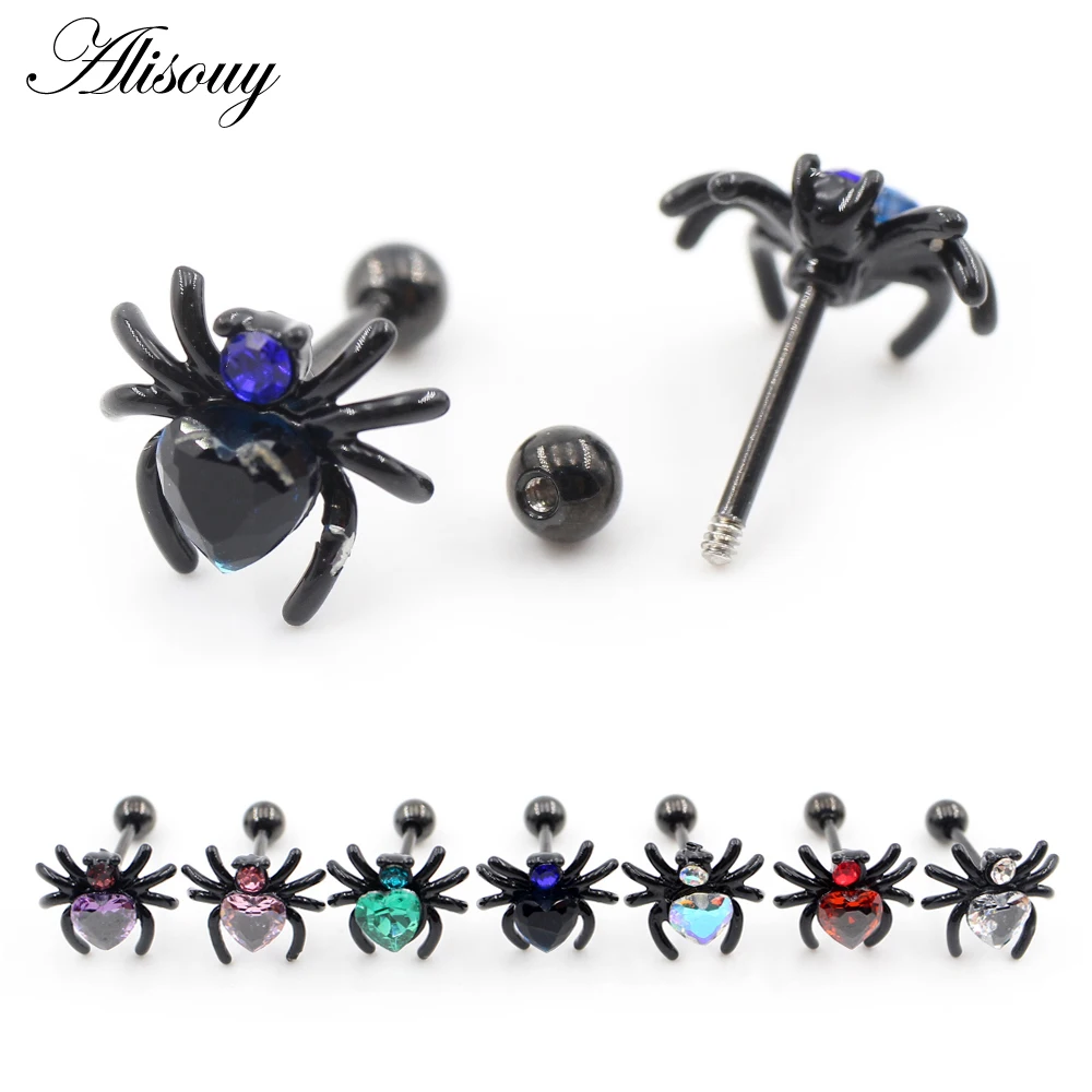 Alisouy 2PCS Stainless Steel Spider Heart Round Zircon Ball Women Men Girl Ear Stud Cartilage Threaded Earrings Piercing Jewelry