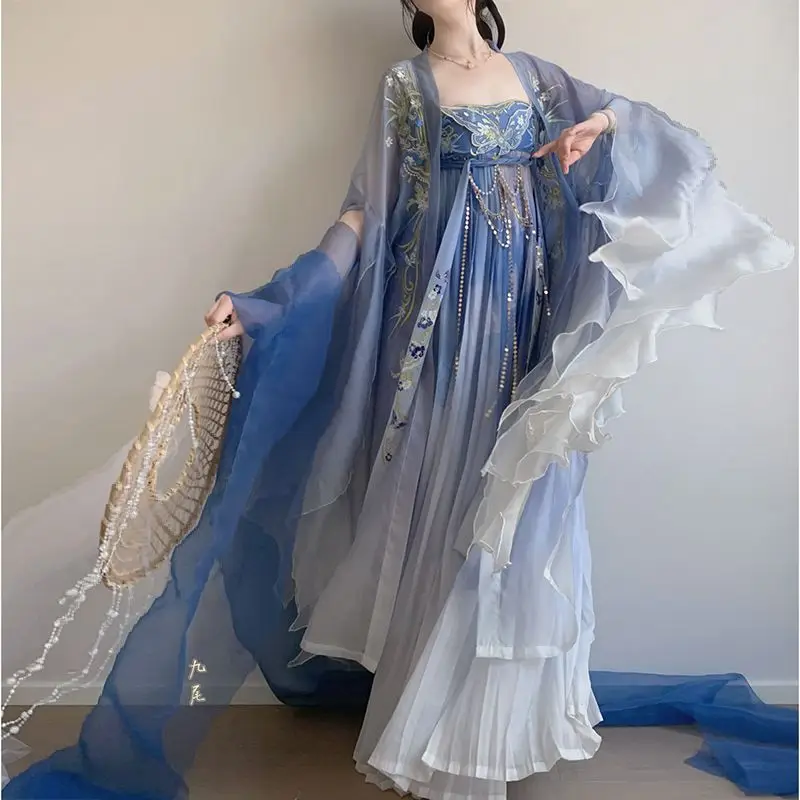 Blue Embroidered Hanfu Women's Traditional Chinese Style round Neck Robe for Girls Spring Summer Adult Performance Gown