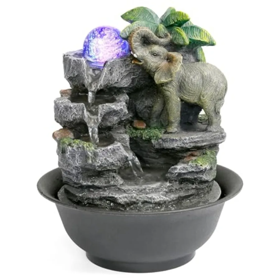 

Tabletop FountainRelaxation Water Feature Feng Shui Indoor Fountain of Elephant Sculpture with Colorful Spinning Ball for Home