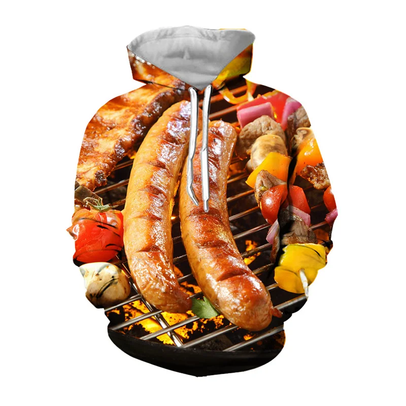 3D Printed Seafood Barbecue Hoodies For Men Delicious Food Pattern Pullovers Casual Hooded Sweatshirts Long Sleeve Loose Tops