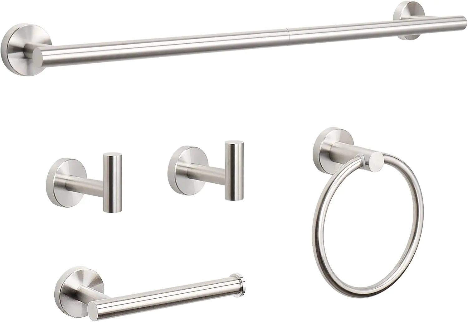 

5-Piece Stainless Steel Bathroom Hardware Set: Towel Rod, Ring, Paper Holder & 2 Hooks in Nickel Finish