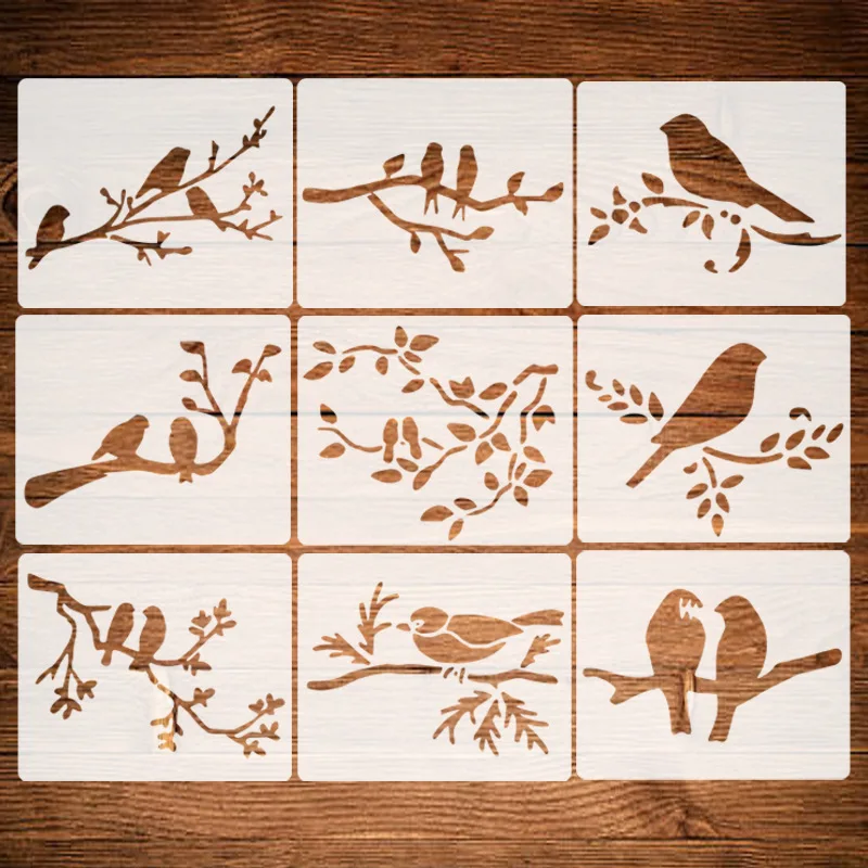 9 unids/set pájaros tortas molde DIY plantillas decoración del hogar plantilla de dibujo corte láser plantilla de pared pintura azulejos plantillas