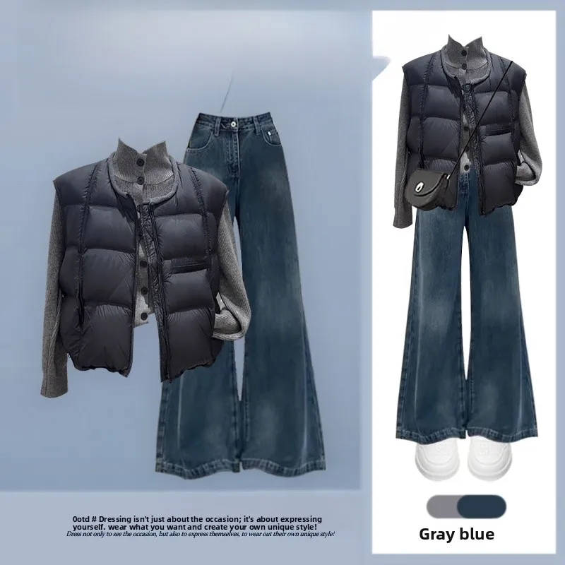 

Faionable Autumn Winter Knitted Sweater Set Casual Sle Loose Fit Tee Pieces Combo with Denim Jeans Layering Trend for W...