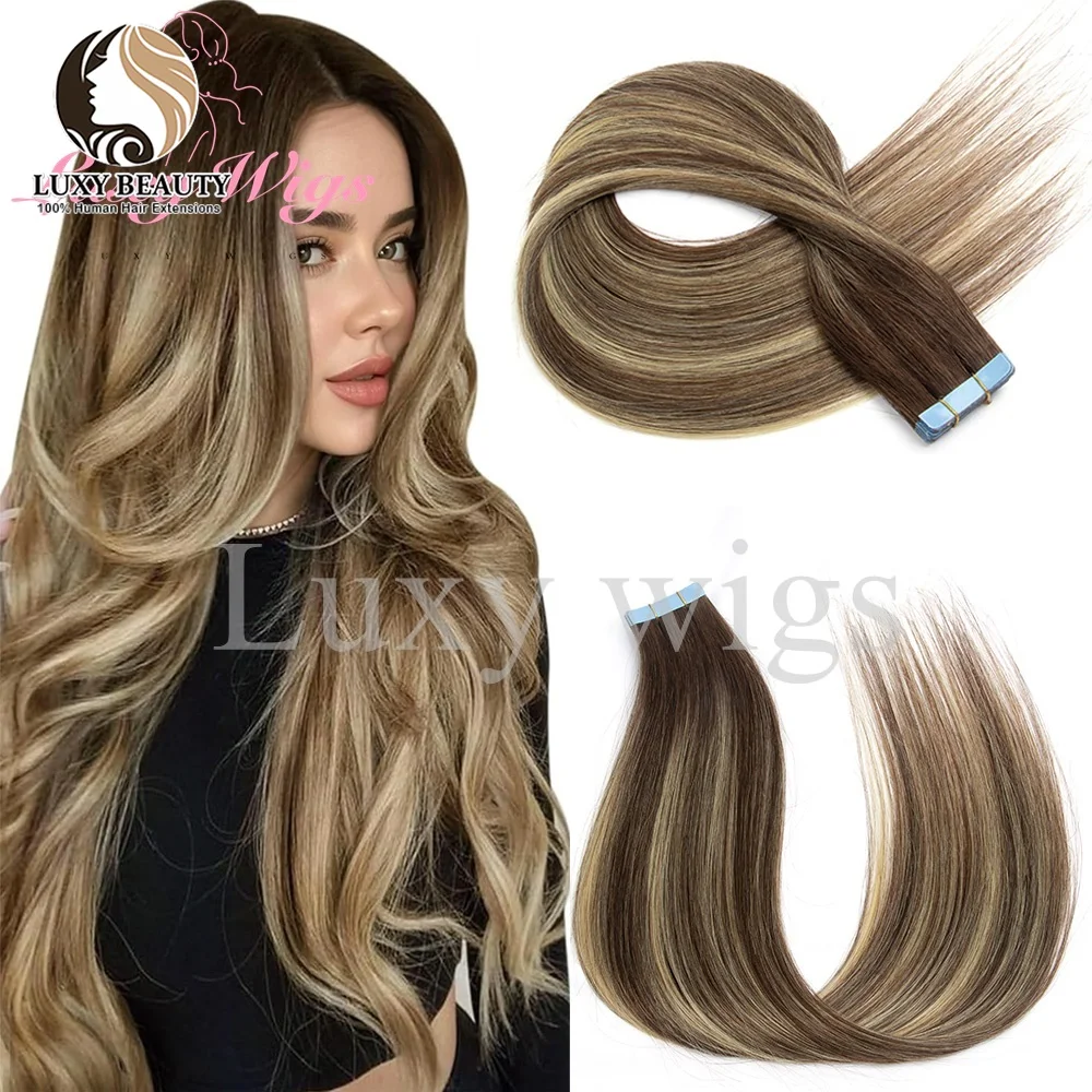 

Highlights Brown Tape in Hair Extensions Human Hair Straight Black Blonde Seamless PU Skin Weft Tape In Hair Extensions 20PCS