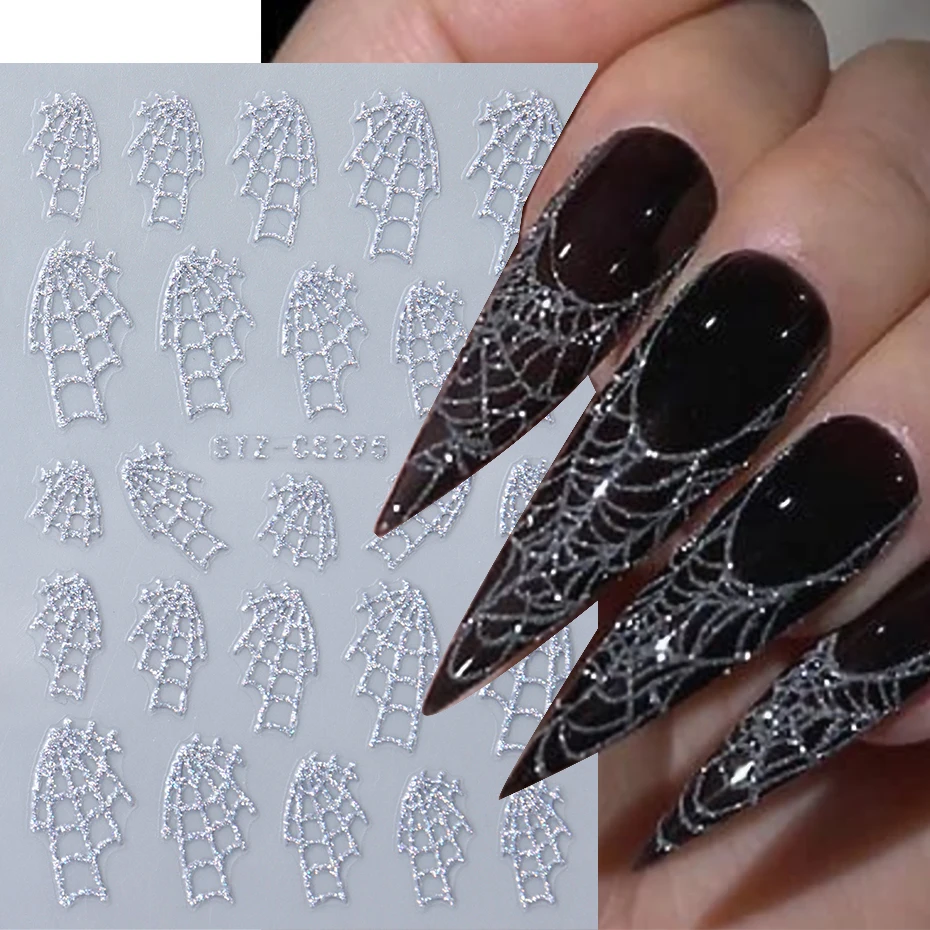 Ragnatela argento Glitter Nail Art adesivi decalcomanie autoadesivo Spider Love Heart Shimmer 3D Halloween Nail Stickers forniture