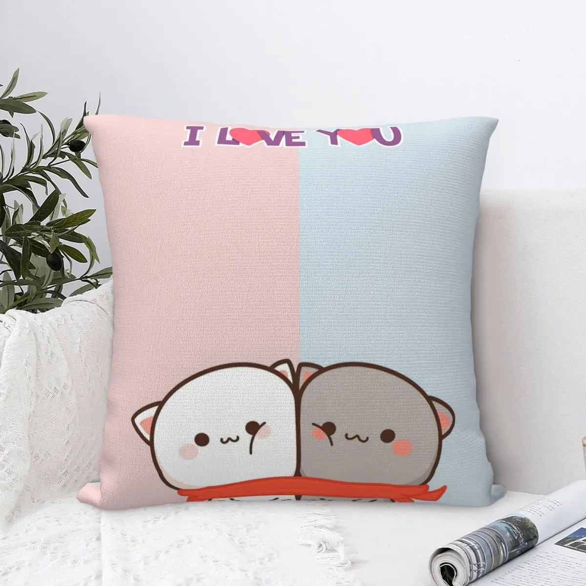 Peach And Goma Love Pillowcase Cushion Cover Decorative Cute Mocha Mochi Cat Pillow Case Cover Living Room Zippered 40X40cm