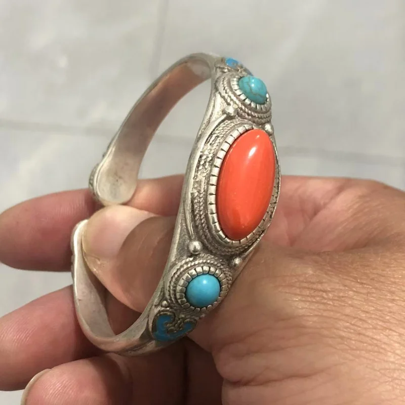 Handmade Vintage -Plated Bracelet With Imitation Coral And Turquoise Inlay, Open Silver Jewelry