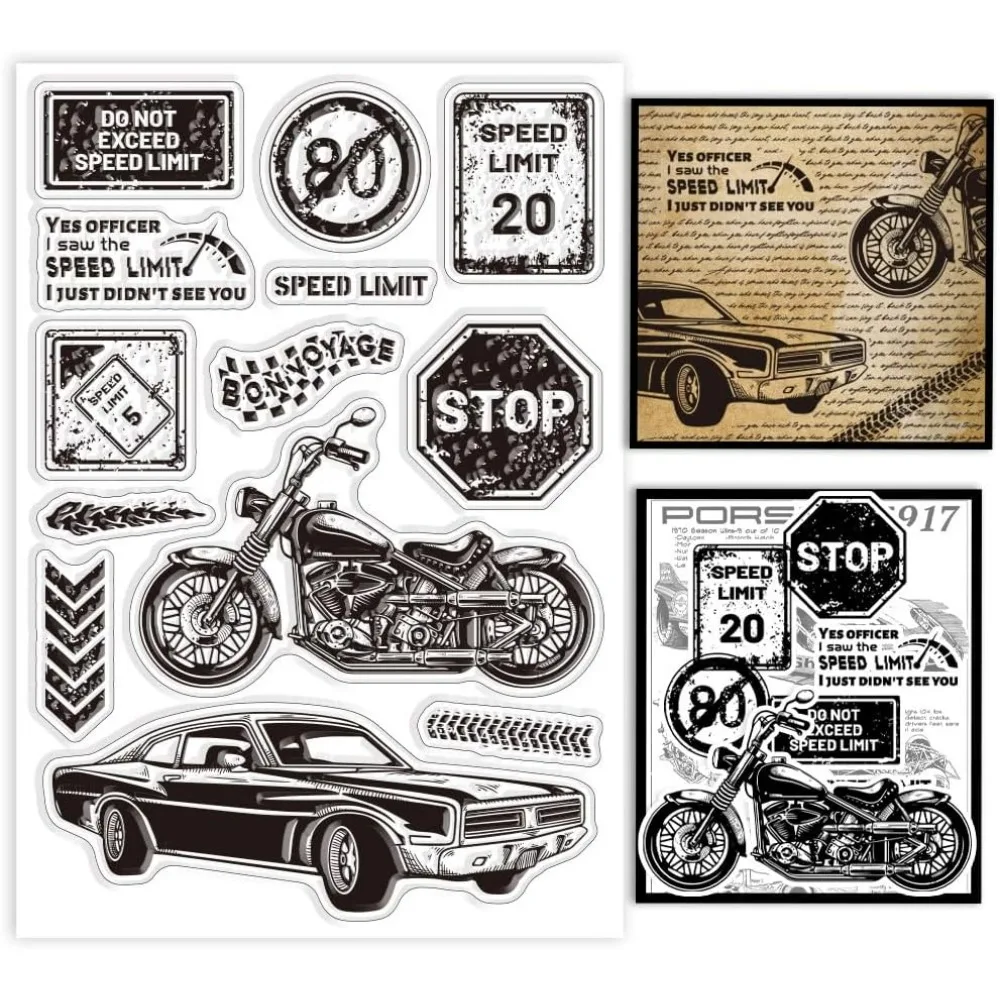 Retro Transportation Clear Stamps for DIY Scrapbooking Road Signs Car Motorcycle Silicone Clear Stamp Seals Transparent Stamps