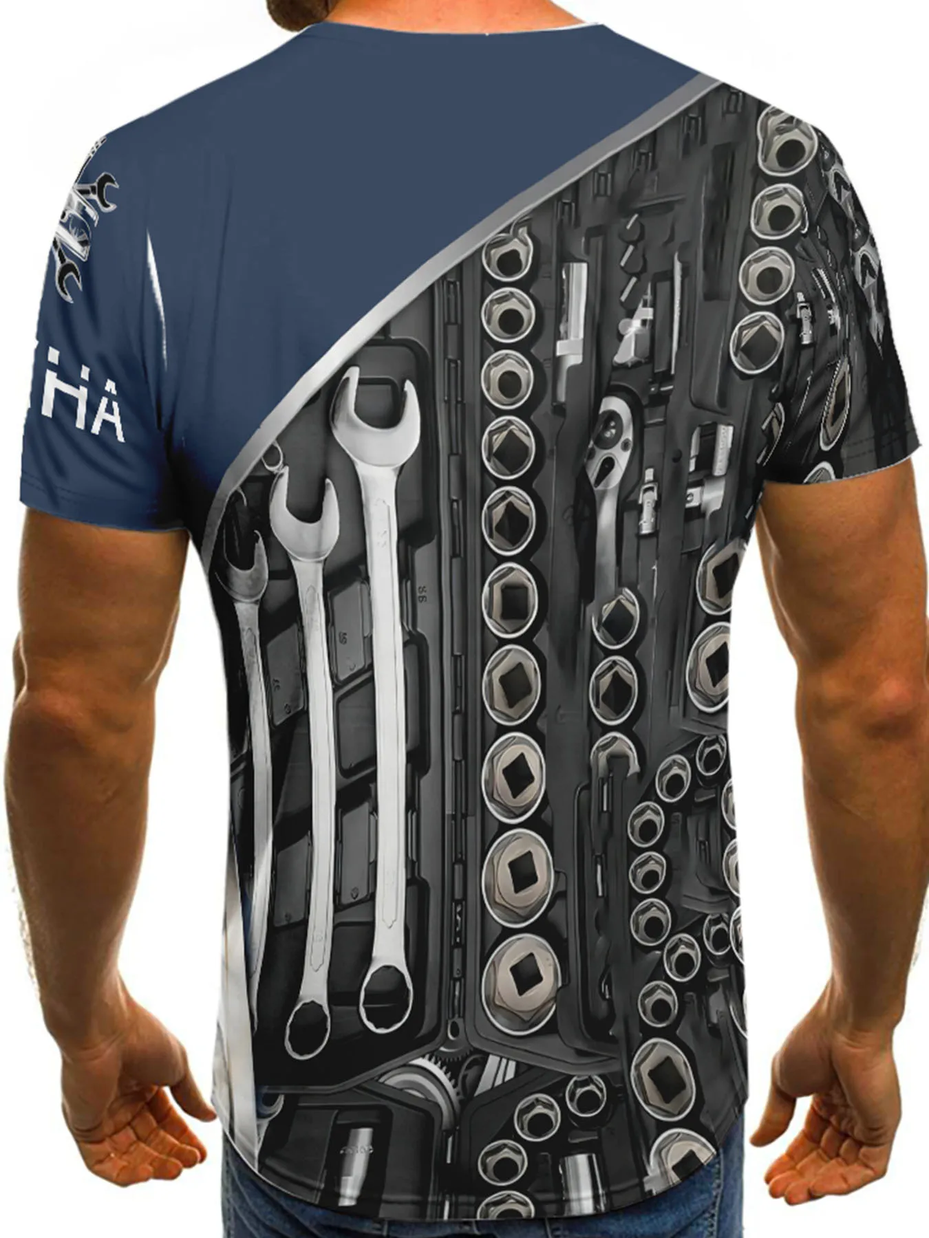 Men Mechanic Tools T-Shirt, Wrench Socket Engine Piston Print Short Sleeve Crew Neck Graphic Tee for Car Repair Lovers