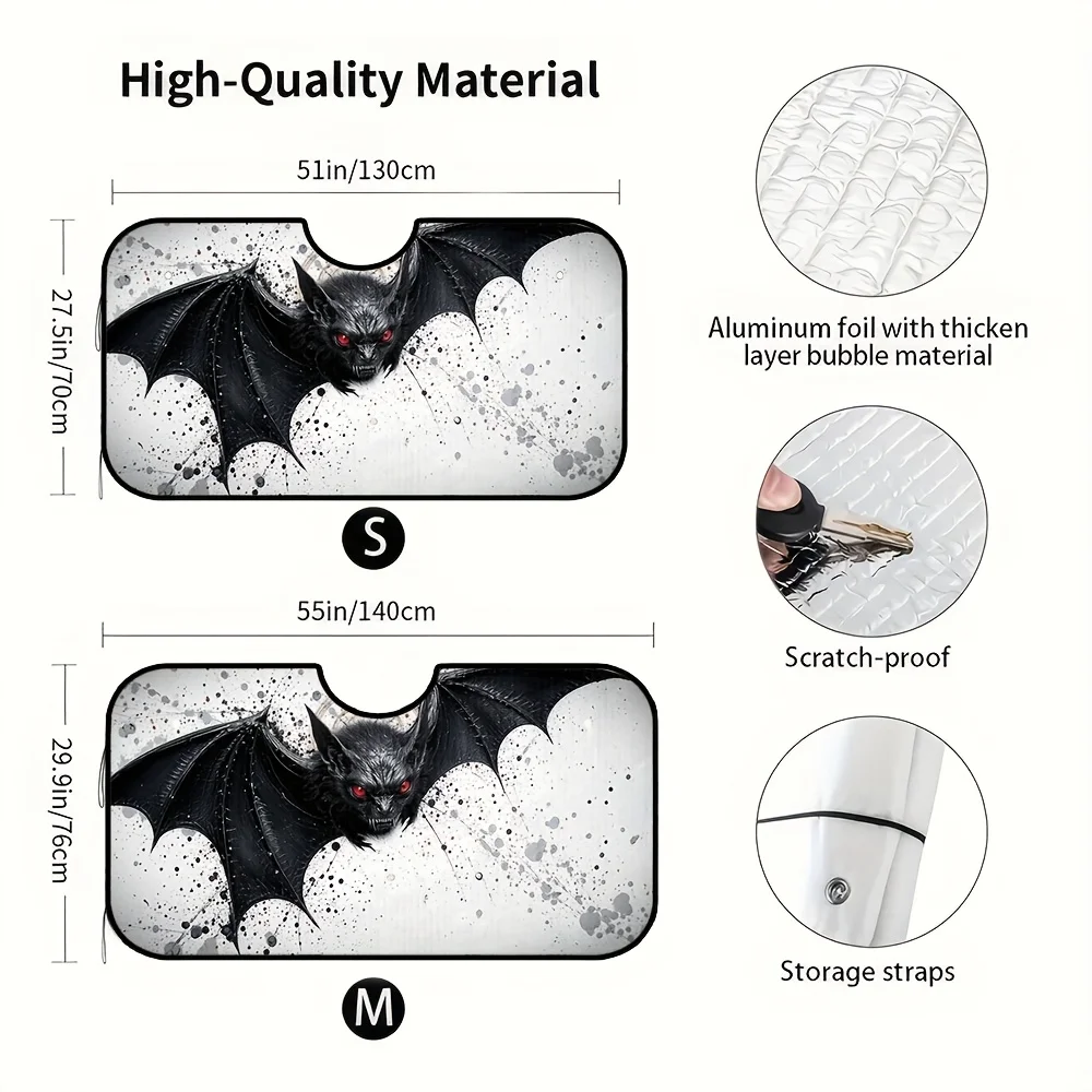 One Piece Of A Halloween Sun Visor For Car Windshields, Featuring A Foldable Design With Gothic Bat Ink Patterns, Perfect For Co