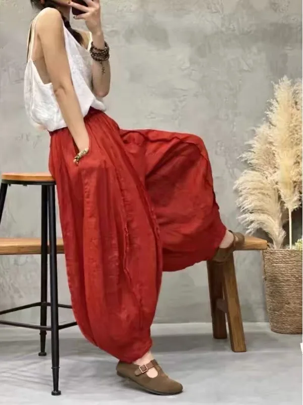 Women's Loose Lantern Pants Patchwork Multi-piece Frayed Hem Pumpkin Pants Summer Casual Pants Vintage Style Natural Waist