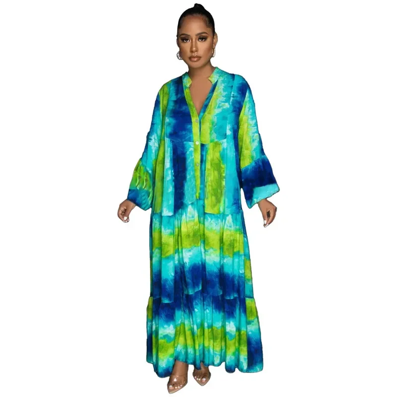 

2024 Spring New Arrival African Women Long Sleeve V-neck Print Long Maxi Dress Dashiki African Dresses for Women Outfits Gowns