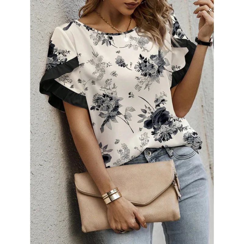 

M 52822 Chinese Style Pleated SVE Women's T-Shirt National Trend Petal Sleeve Other Material 100% Spring 2026 Ladies Fashion