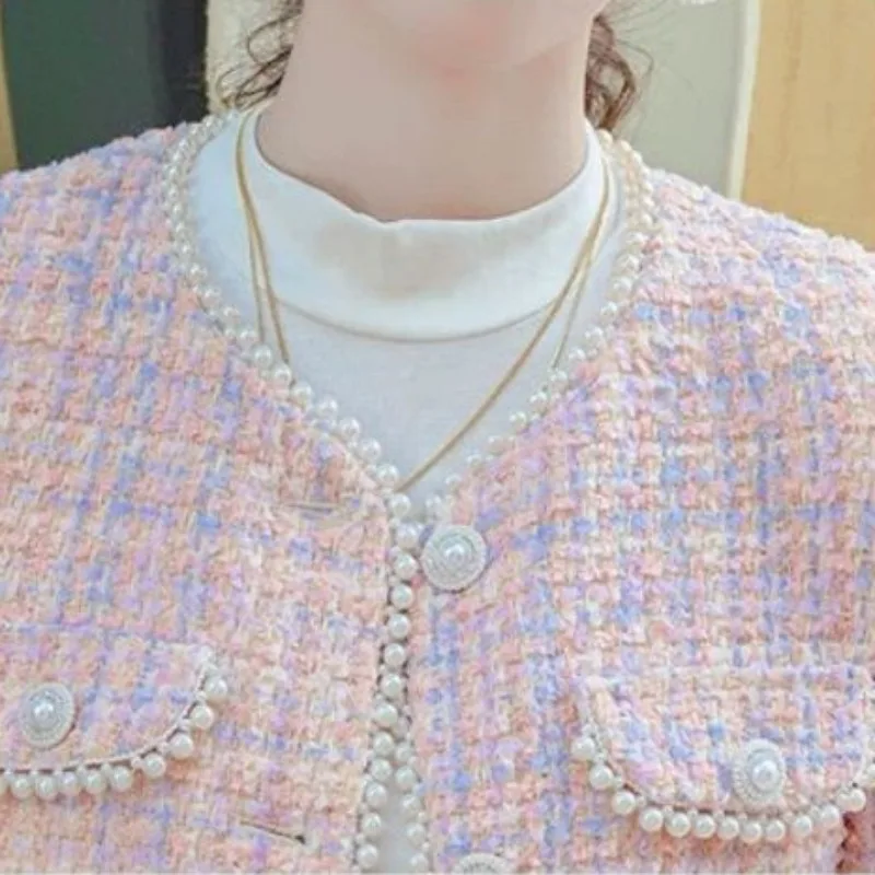 Women Temperament Round Collar Coat 2023 New Female Large Size Tweed Fashion Bead Short Outcoat Casual Versatile Outerwear