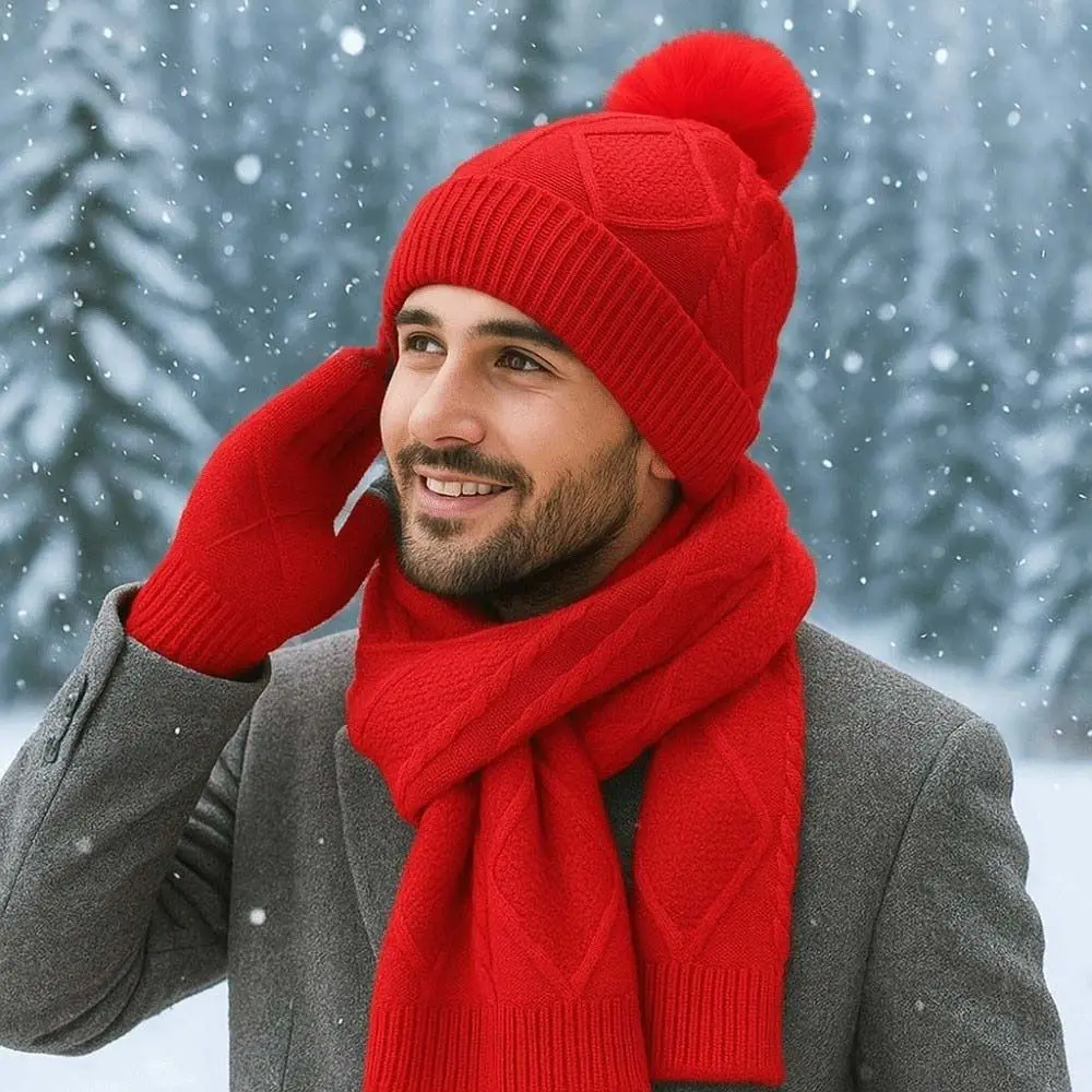 Yarmulke Elastic Scarf and Hat Set Warm Soft Woolen Hat Thickened Rhombus Patterned Pullover Cap Outdoor
