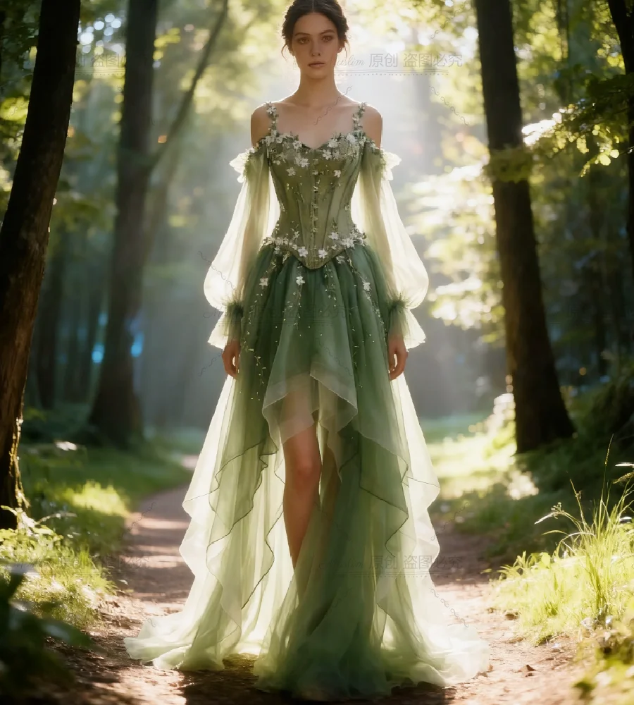 Fairy Forest Green Wedding Dress 2026  Long Sleeve Hi Low Boho Beach Bridal Gowns With White Florals Medieval Elf Bohemian Skirt