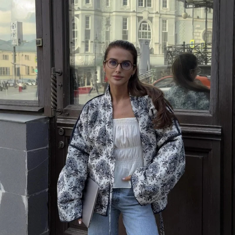 

Autumn Winter Printed Belted Long Sve Cotton Jaet Outerwear Women's Knitted Faion Casual Sle Regular Thin