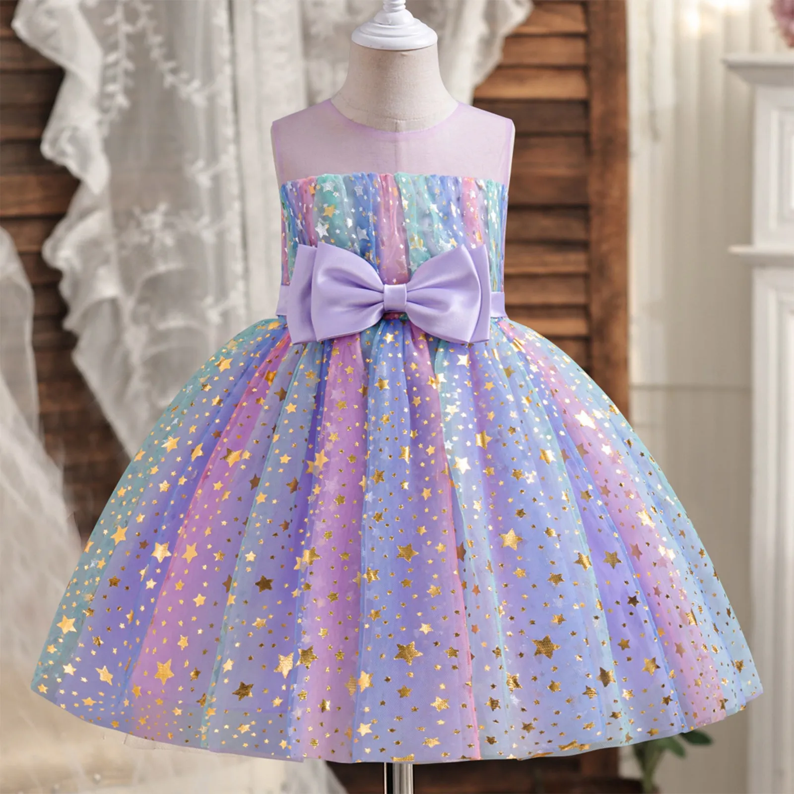

Summer Girls Princess Dress Colorful Star Mesh Puffy Party Long Dresses Girls Party Host Dress Banquet A-line Dress 3-7 Years