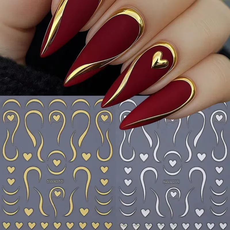 1pc Swirl Strips French Styles Nail Decals Bronzing Silver Gold Line Heart Nail Stickers Simple DIY Valentine Manicure Supplies*