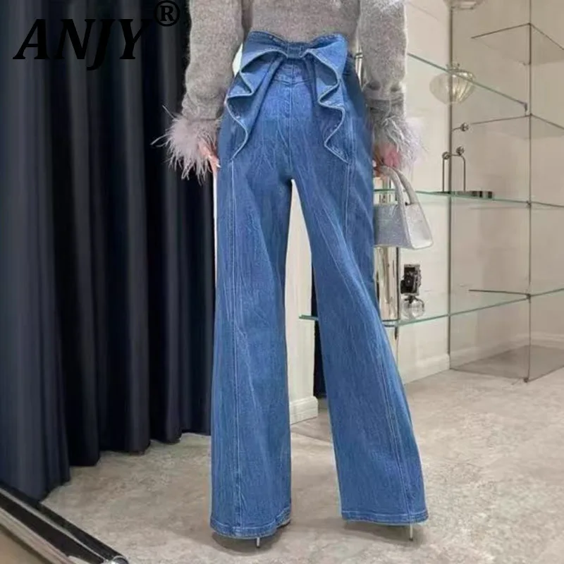 

ANJY Autumn Women American Style Niche Design High Street Vintage Jeans Back Bow Spliced Trendy Tide Straight Denim Pants A11077