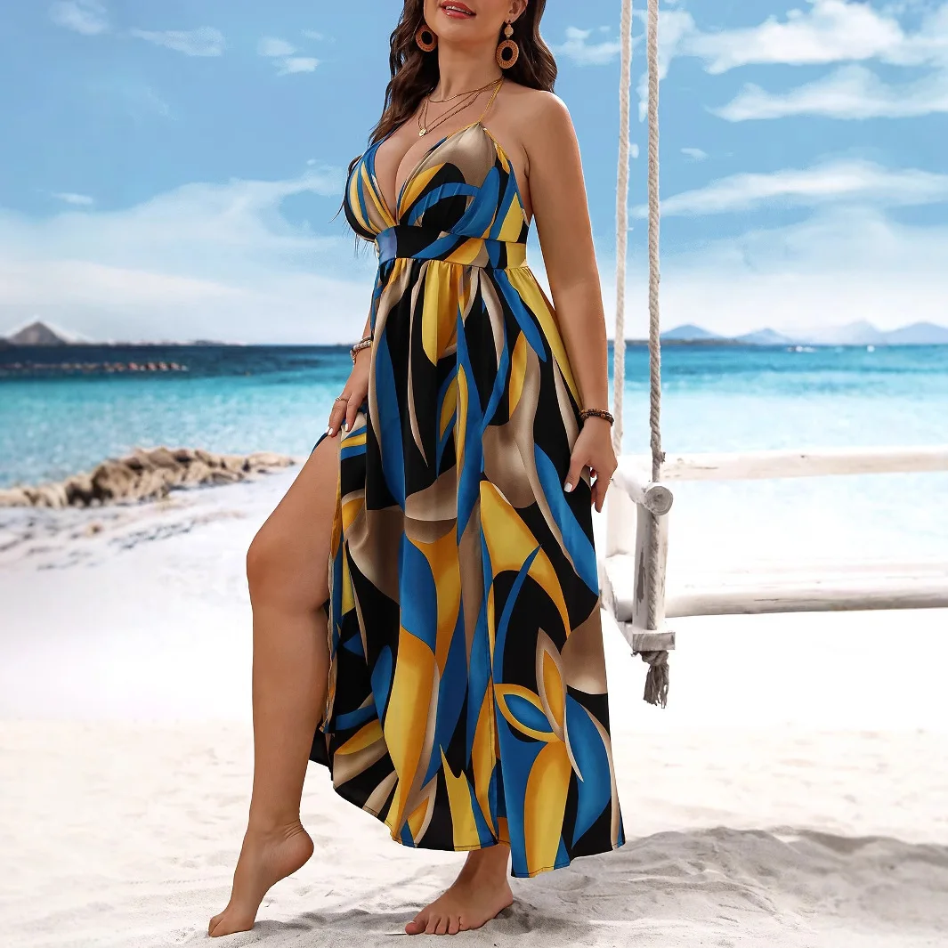 Suspender New Beach Dress with Printed Hem and Slit, Sexy Dress for Women Stretchy 2025 Party Summer Elegantes Casual Y2k