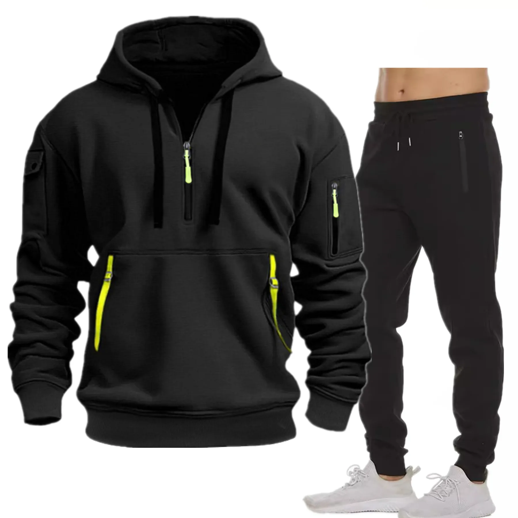 New Multi-pocket Men Autumn Winter Set Half zip Hoodie + Pants Pieces Suit Casual Men's Sportswear Warm Clothing Suit