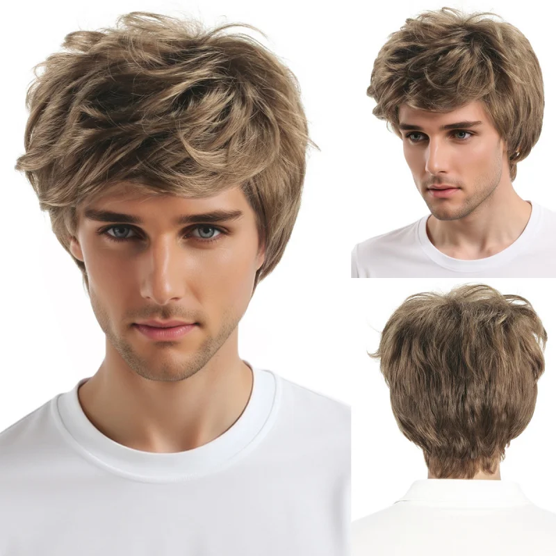 Personalized 's , light brown side-parted short hair, high-temperature fiber, fashionable style, men's wig