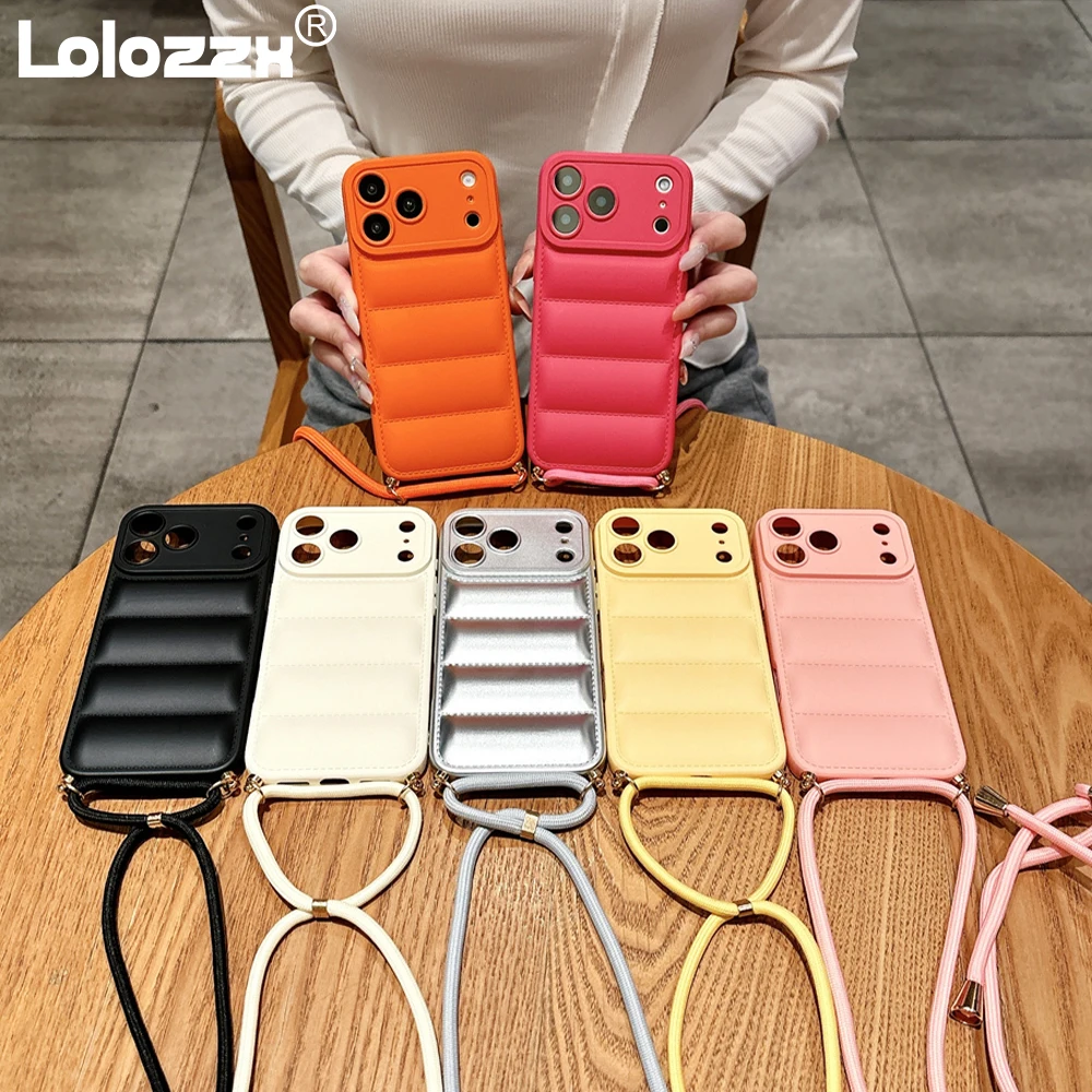 Crossbody Shoulder Strap Down Jacket Lanyard Phone Case For iPhone 17 Air 16 15 14 13 12 11 Pro Max 16E Plus X XR XS Soft Cover