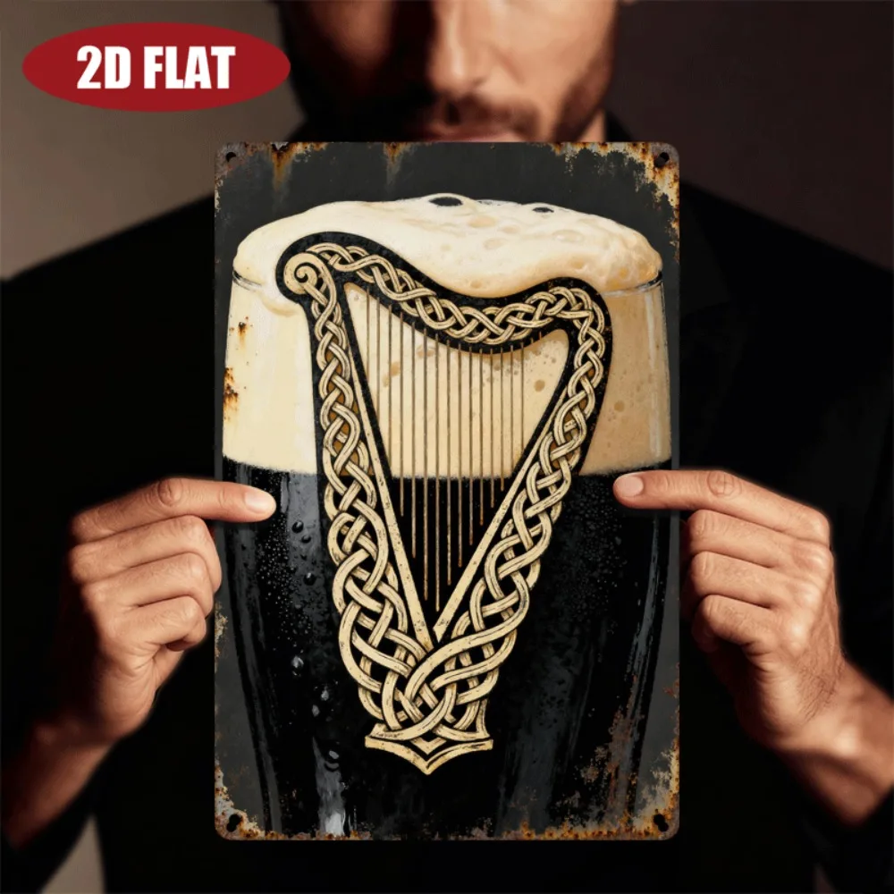 Arte Metálico Vintage Irlandés de 8x12 Pulgadas - Letrero de Aluminio con Arpa Celta para Pub, Decoración Retro con Temática Guinness para Bar en Casa y Cuarto de Hombre