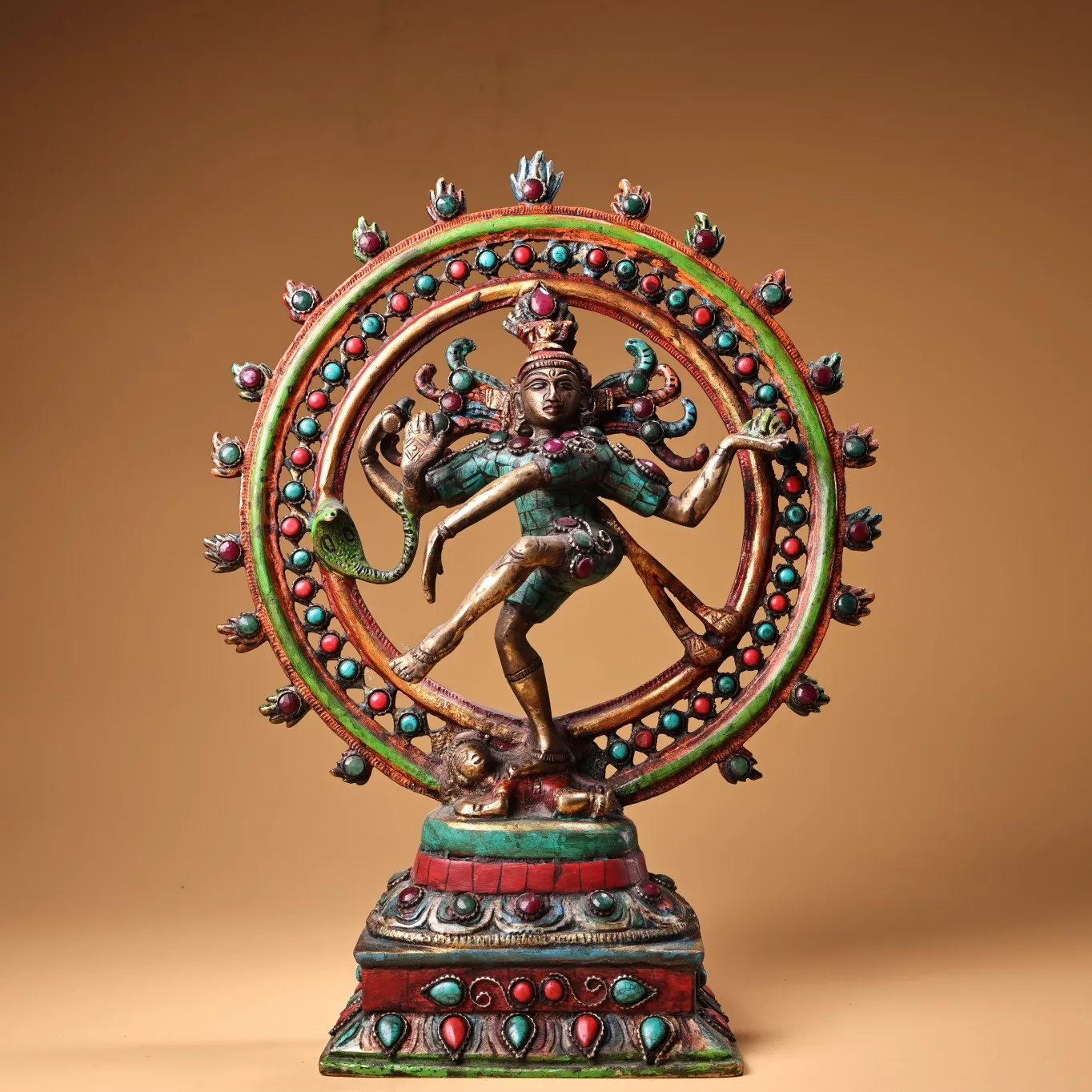 

11"Tibetan Temple Collection Old Bronze Outline in gold Mosaic Gem Turquoise Parvati Dance Goddess Buddha Worship Hall