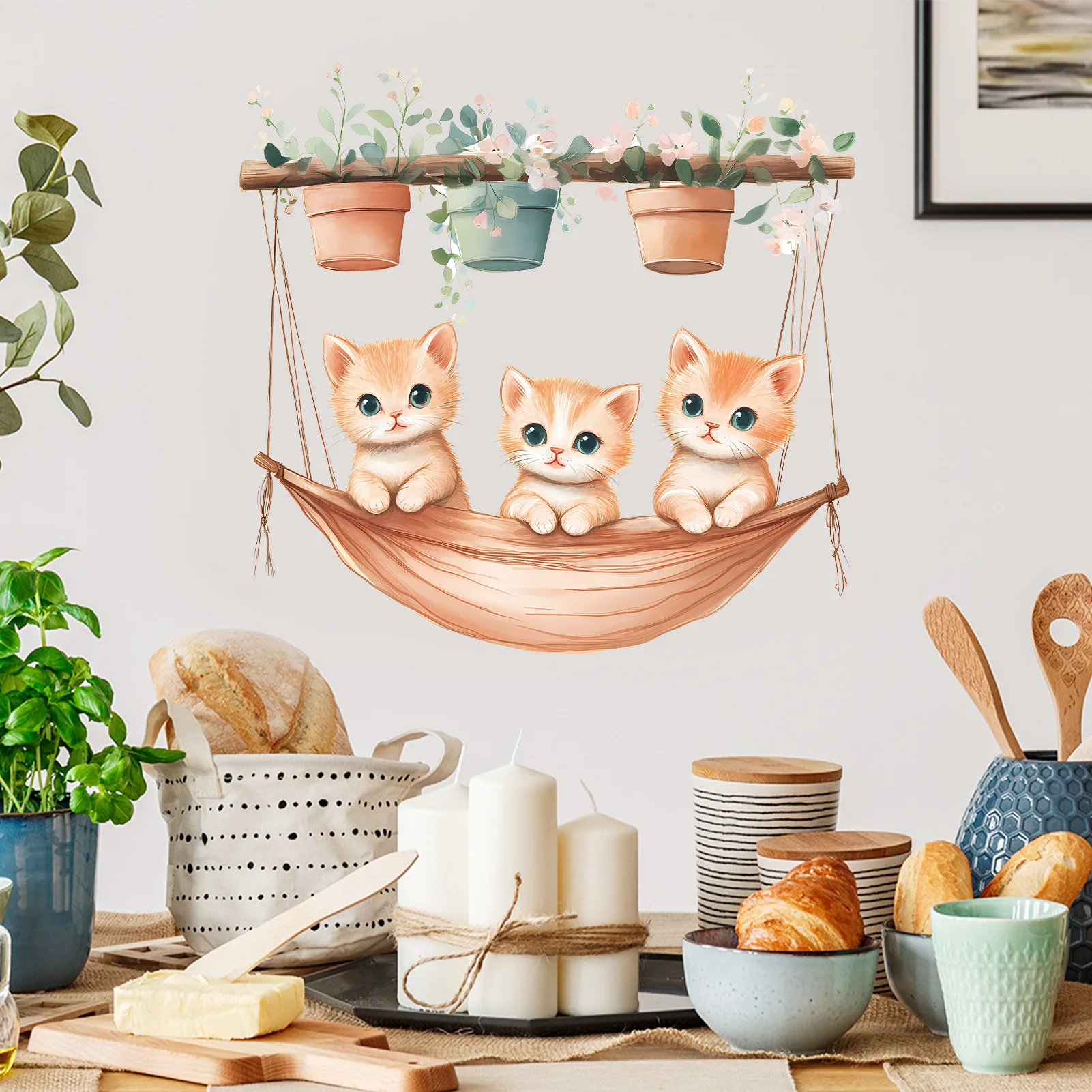 Cute Cat Flower Pot Wall Decals Watercolor Hammock Plant Self Adhesive Peel and Stick Stickers for Bedroom Living Room Accent
