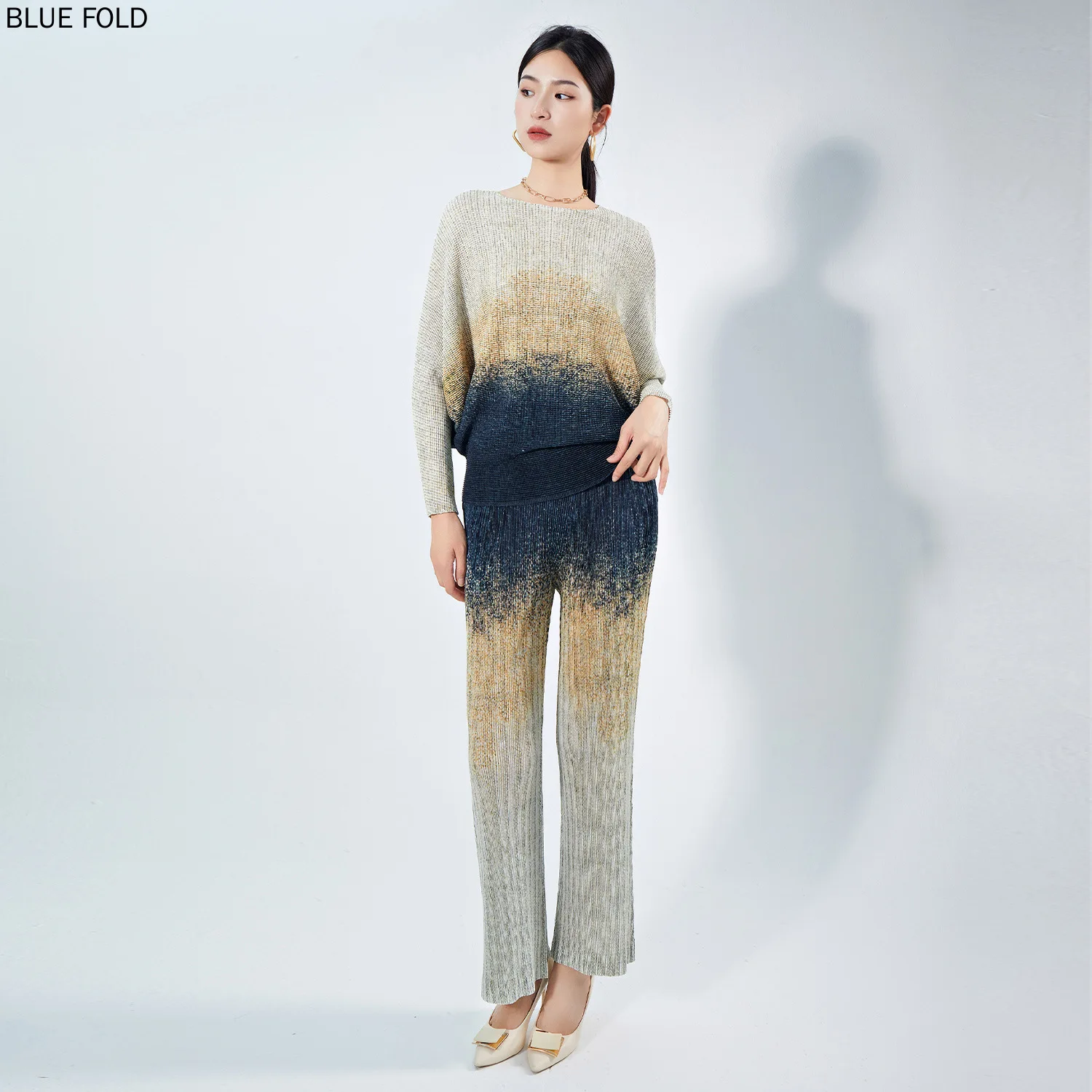 MIYAKE-Women's Printed Round Neck Long-Sleeved Top and Straight-Leg Pants, Pleated Tshirt Sets, High-End Fashion Suit