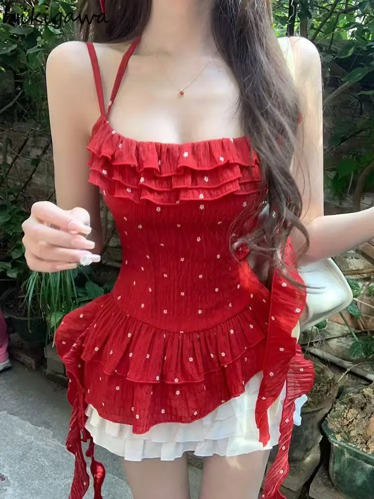 

Sexy Women's Clothing 2 Piece Sets Ruffles Polka Dot Vest High Waist A-line Mini Skirt Outfits Fashion Sweet Summer Cute Suit