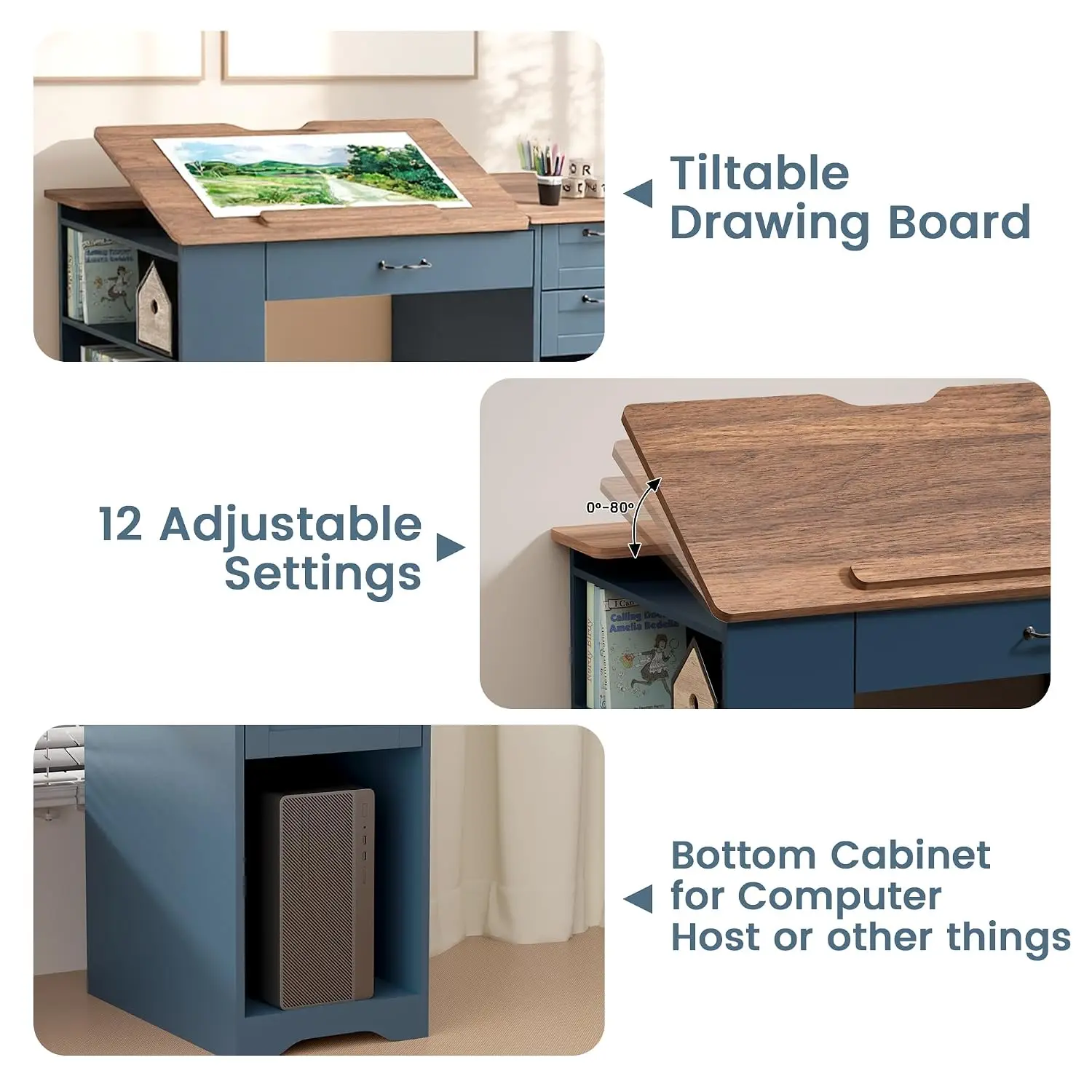 Drafting Table with Storage Cabinet & Drawers, Adjustable Drawing Table with Open Shelves, Craft Art Desk for Artists, Painters