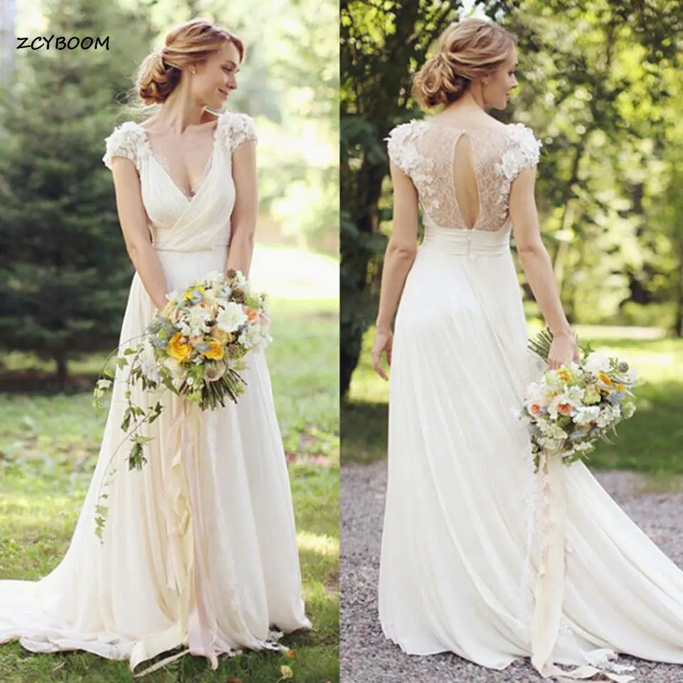 

2023 Bohemia Chiffon A-Line Short Sleeves Beach Wedding Dress Lace V-Neck Elegent Appliques Bridal Gown Vestido De Noiva