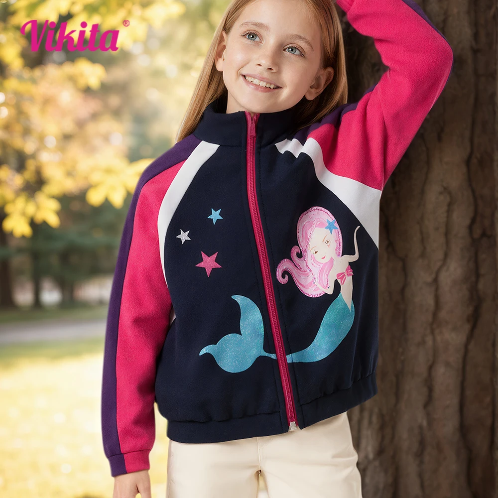 

VIKITA Girls Outerwear Coats Kids Mermaid Print Cartoon Zipper Jackets Kids Autumn Spring Casual Wear Children Clothes 3-12 Yrs